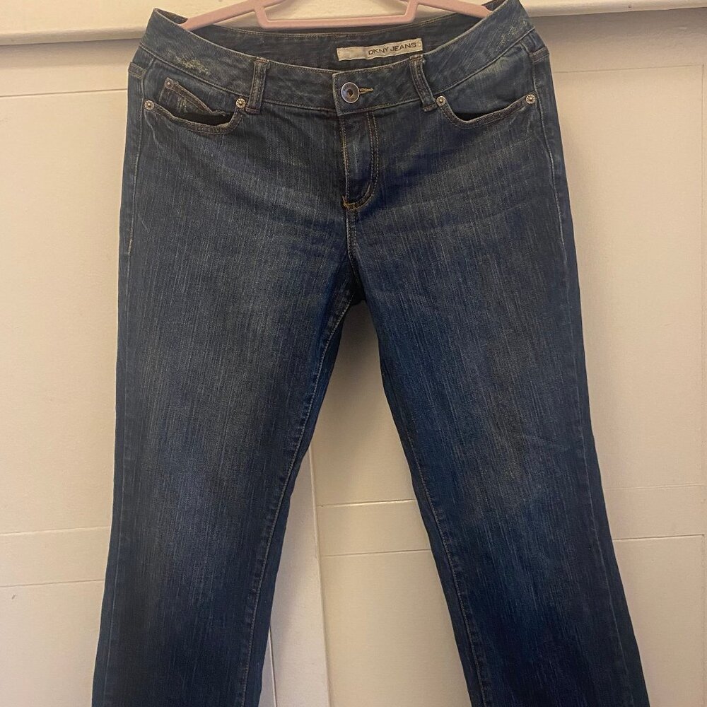 DKNY jeans, lightly distressed, dark blue, size 12